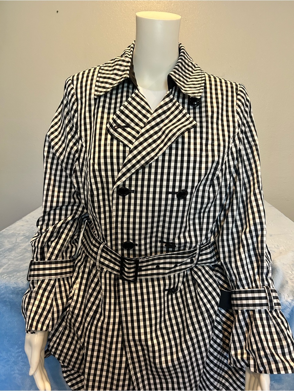 NWT White House Black Market Gingham Belted Trench Coat Black White 1X